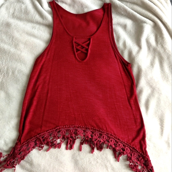 Burgundy Wine Fringe Bohemian Gypsy Festival Cross Cross Tank Top Corset - Picture 1 of 9